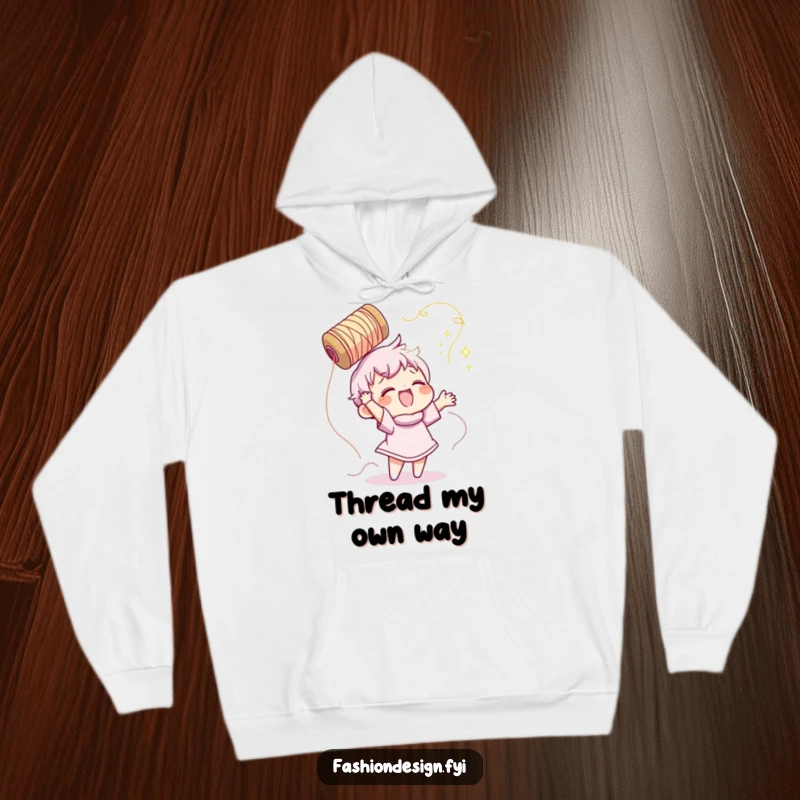 Funny hoodie showing a cheerful character gleefully tossing a spool of shimmering thread, perfect for cozy crafting sessions.