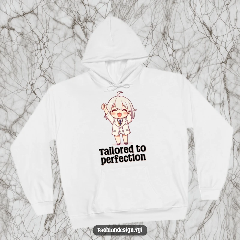 Funny hoodie featuring a proud character holding aloft a perfectly stitched, miniature garment, celebrating tailoring success.