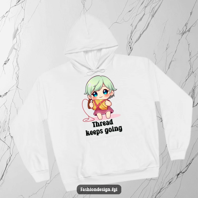 Funny Thread Spool Hoodie: Cute character with a big smile holds a spool of thread unraveling, offering warm and humorous comfort.