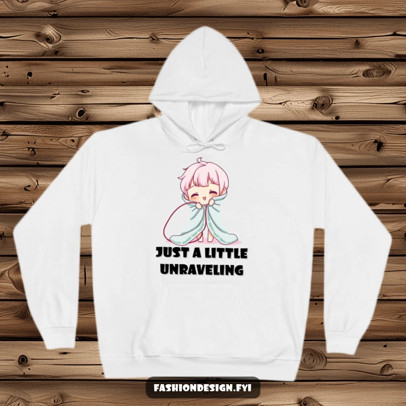 Funny hoodie depicting a character mid-pull, causing a comical fabric unraveling. Ideal for cozy, humorous wear and gifts.