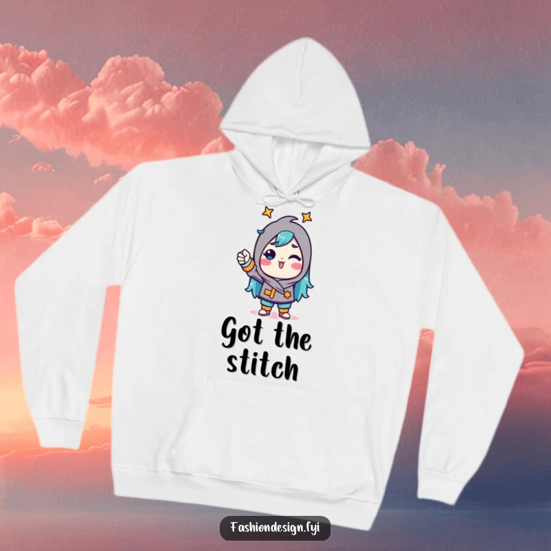 Funny Hoodie showing a triumphant character confidently pinning fabric, a symbol of masterful tailoring and artistic flair.