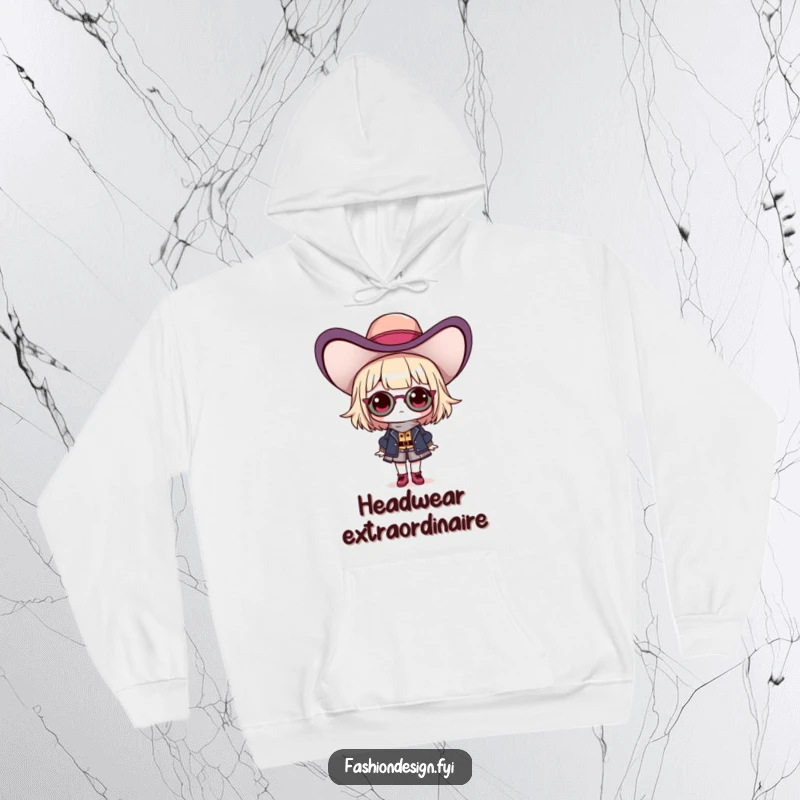 Funny hoodie showcasing a proud fashionista character proudly displaying a ridiculous, attention-grabbing hat, symbolizing bold fashion.