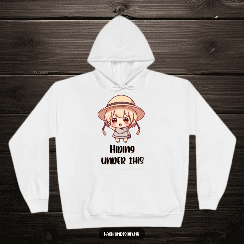 Funny hoodie depicting a character hilariously struggling to keep a comically oversized hat on their head.