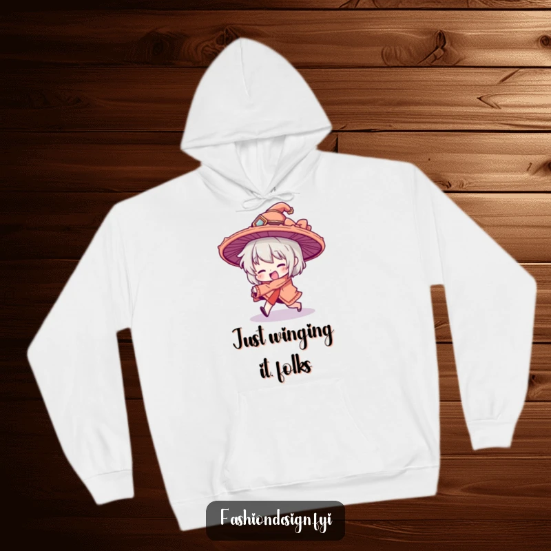 Funny hoodie featuring a character comically tripping, their large, fancy hat tilted; illustrates a humorous, clumsy moment for screen readers.
