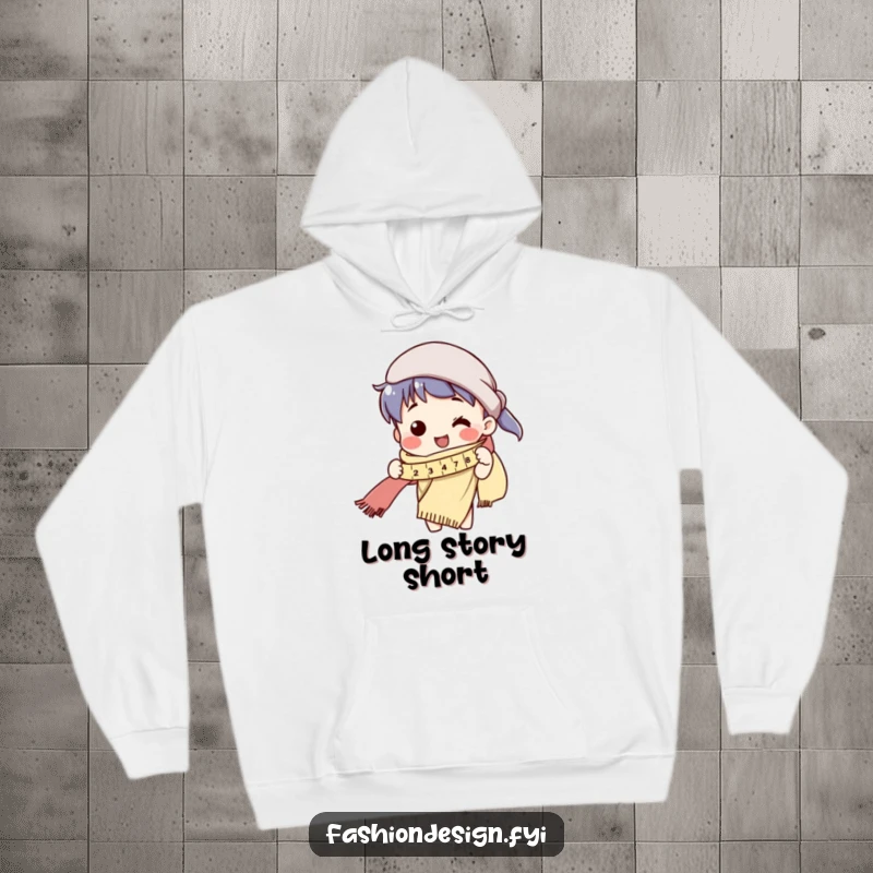 Funny hoodie featuring a character with a cheerful expression measuring an excessively long scarf, designed for comfort.