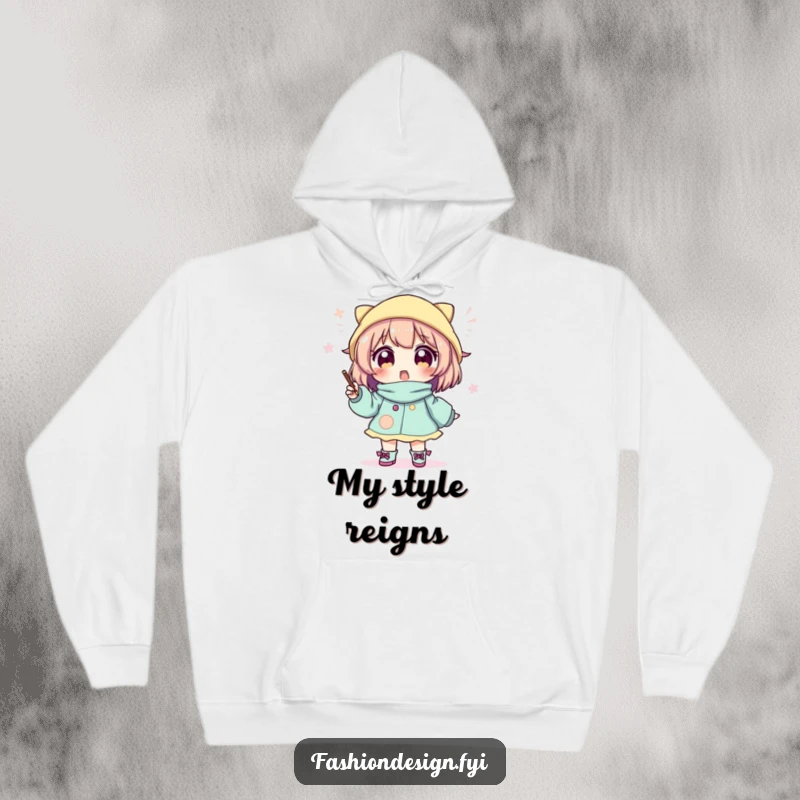 Funny hoodie depicting an excited character passionately sketching a wonderfully whimsical and imaginative outfit design.