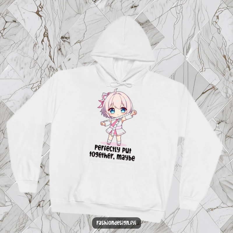 Funny hoodie featuring a character dramatically posing, wearing a measuring tape like a sash; celebrating precision and style.