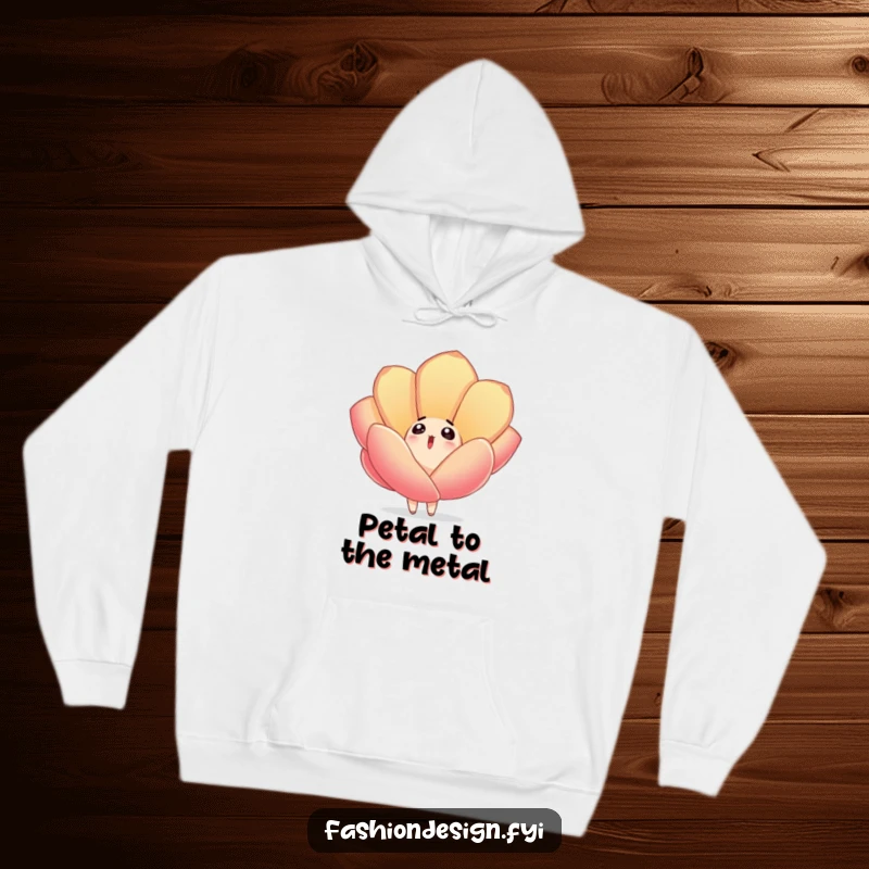 Funny hoodie showing a surprised character's reaction to a large, embroidered fabric petal gently drifting down from above, a scene of pure wonder.