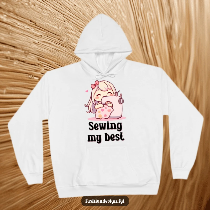 Funny Sewing Machine Hoodie: Cheerful character gleefully stitches a playful pattern, offering warm and humorous comfort for crafters.