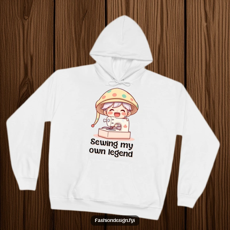 Funny Hoodie featuring a gleeful character laughing while operating an enormous sewing machine to make a comically oversized hat.