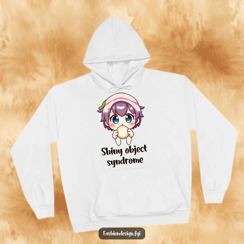 Funny crafter hoodie depicting a surprised character holding a sparkly button, offering warmth and crafting humor, a cool gift.
