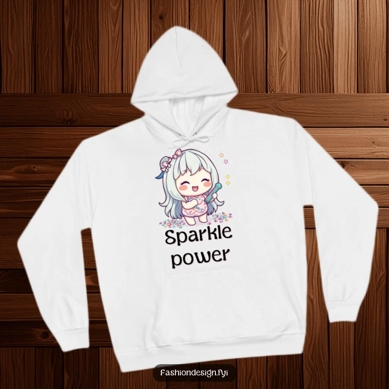 Funny hoodie featuring a happy character enthusiastically gluing shiny sequins, representing creativity and a passion for embellishment.
