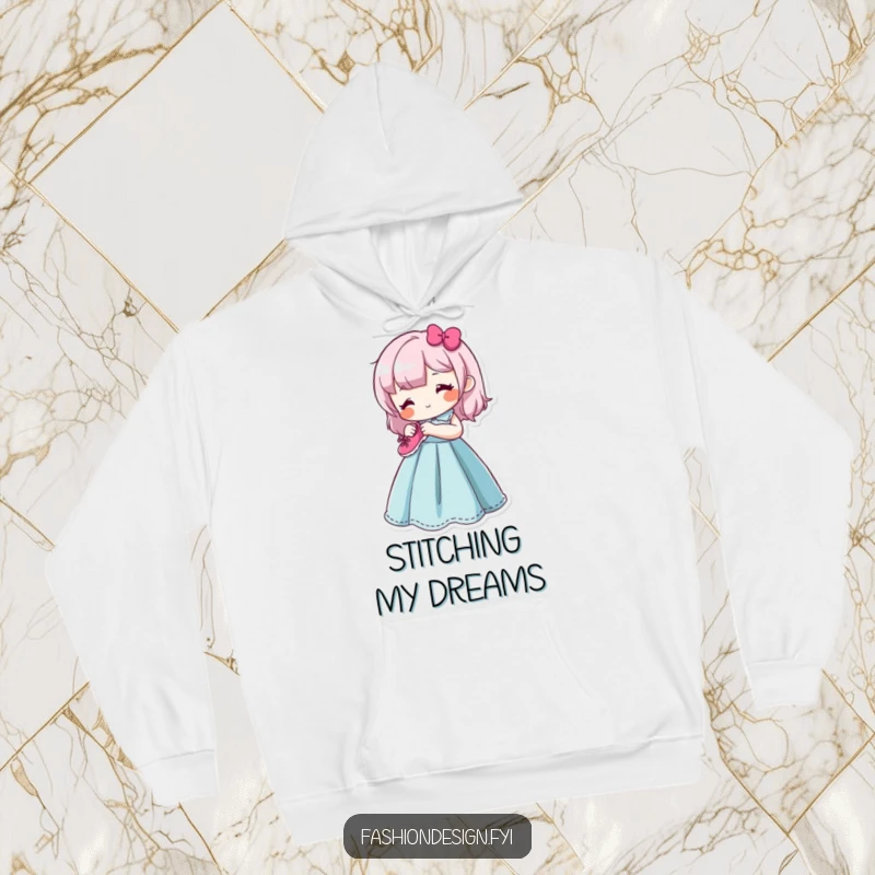 Funny hoodie featuring a happy character meticulously sewing a tiny smiling shoe onto a vibrant dress form, a warm embrace for crafters.