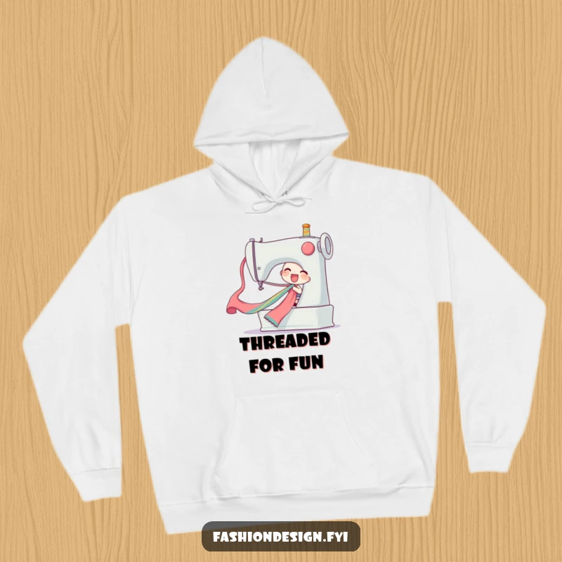 Funny ribbon pull hoodie showing a delighted character pulling a long colorful silk ribbon from a giant sewing machine, warm funny gift.