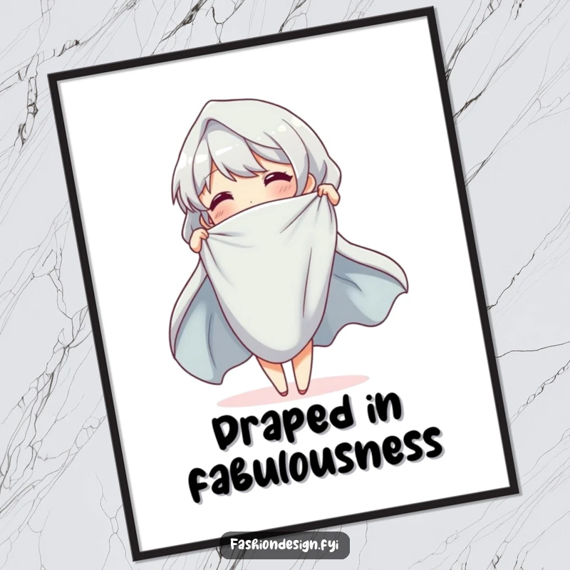 Funny Free Printable Wall Art depicting a cheerful character draping cloth with elegant movement, adding artistic flair to any room.