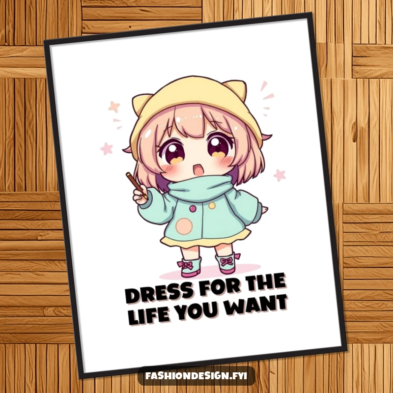 Funny Free Printable Wall Art: Character with wide eyes sketches a fantastical, whimsical fashion outfit.