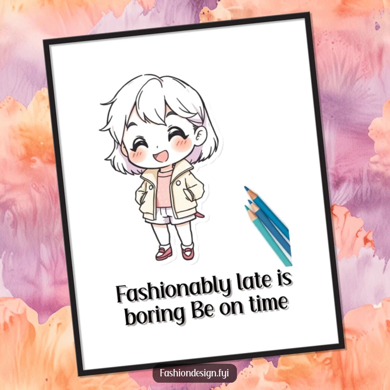 Funny Free Printable Wall Art: Cheerful character sketching a new fashion design with great enthusiasm, quirky home decor.