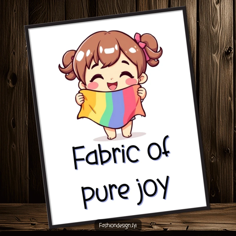 Funny Free Printable Wall Art: A character joyfully displays a large, vibrant fabric swatch, celebrating color and creativity with a happy expression.