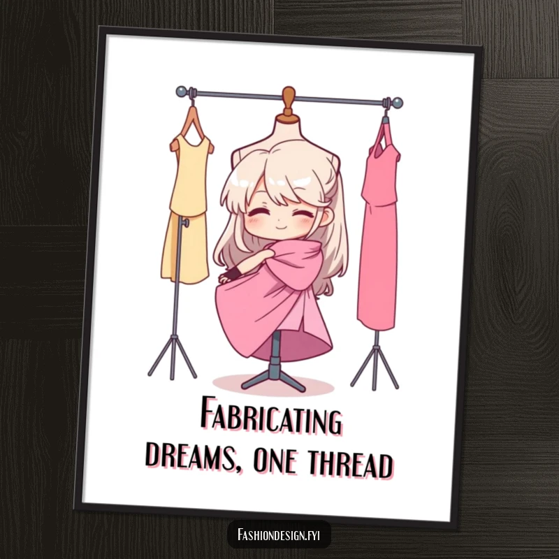 Funny Free Printable Wall Art: Determined character elegantly drapes fabric on a mannequin, embodying fashion determination. DIY decor.