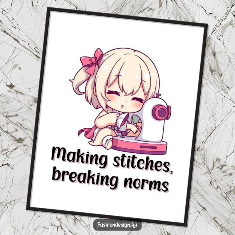 Funny Free Printable Wall Art: Character dramatically posing with a sewing machine in mid-stitch, a true sewing artist.