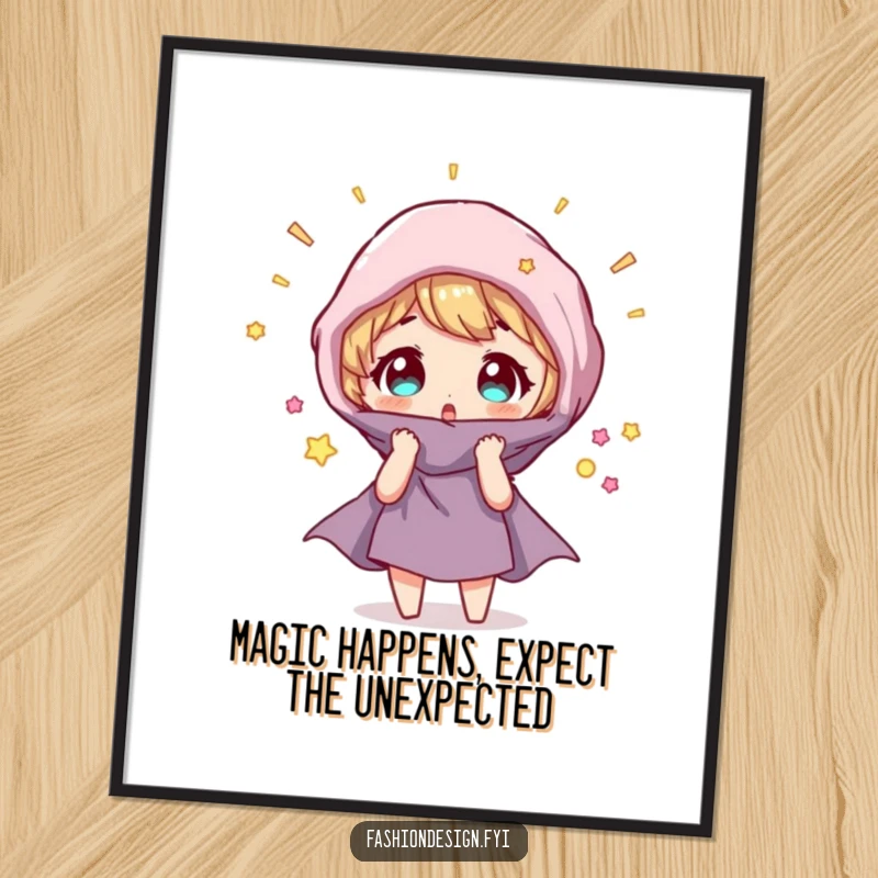 Funny Free Printable Wall Art: Character looking surprised as a fabric swatch magically transforms, a moment of wonder.