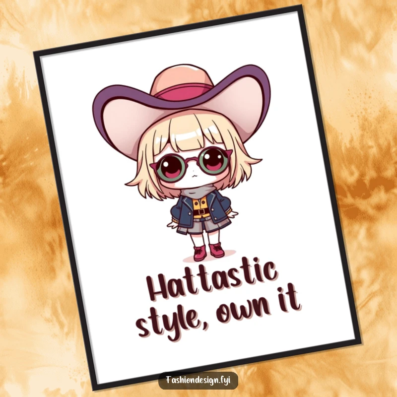 Funny free printable wall art of a proud fashionista character triumphantly displaying a magnificently ridiculous and stylish hat.