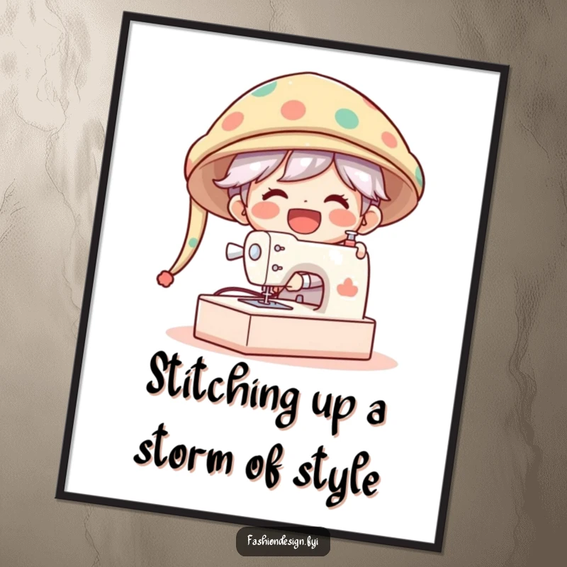 Funny Free Printable Wall Art: Cheerful character laughing while sewing a comically enormous, fashionable hat.