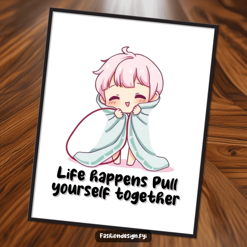 Funny Free Printable Wall Art: Character comically unraveling a large piece of fabric, adding playful chaos to decor.