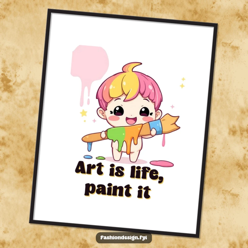 Funny Free Printable Wall Art: A cute character with an amazed smile holds a giant paintbrush dripping with vibrant rainbow paint.