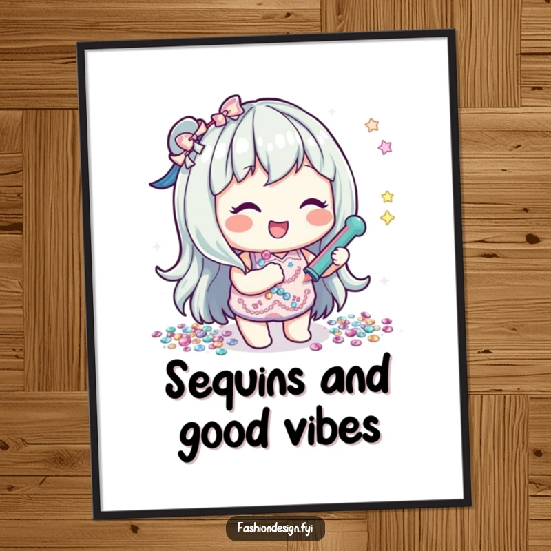 Funny free printable wall art of a lighthearted character gleefully gluing shiny sequins, creating a dazzling and joyful design.