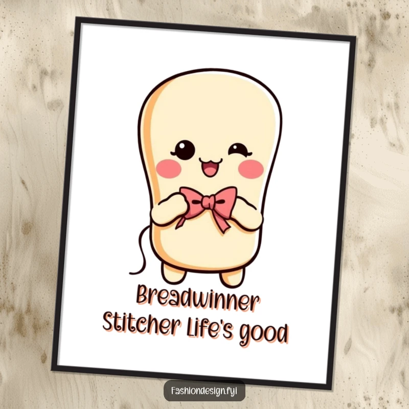 Funny Free Printable Wall Art: Cheerful baguette is busy stitching a tiny bow.