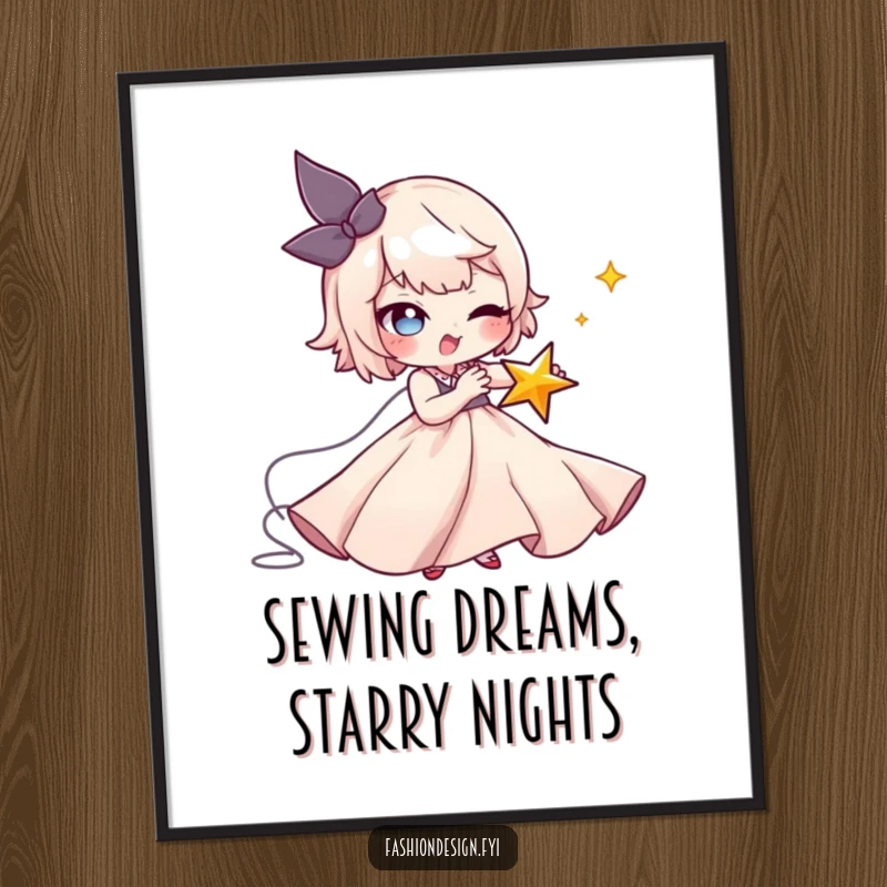 Funny Free Printable Wall Art: Character with a mischievous grin uses a large needle to stitch a tiny, winking star onto a flowing gown.