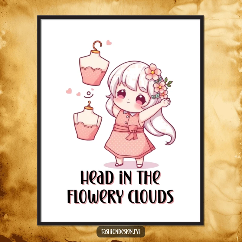 Funny Free Printable Wall Art: Whimsical character wearing a sparkly apron, playfully tossing a mannequin head adorned with bright flowers.