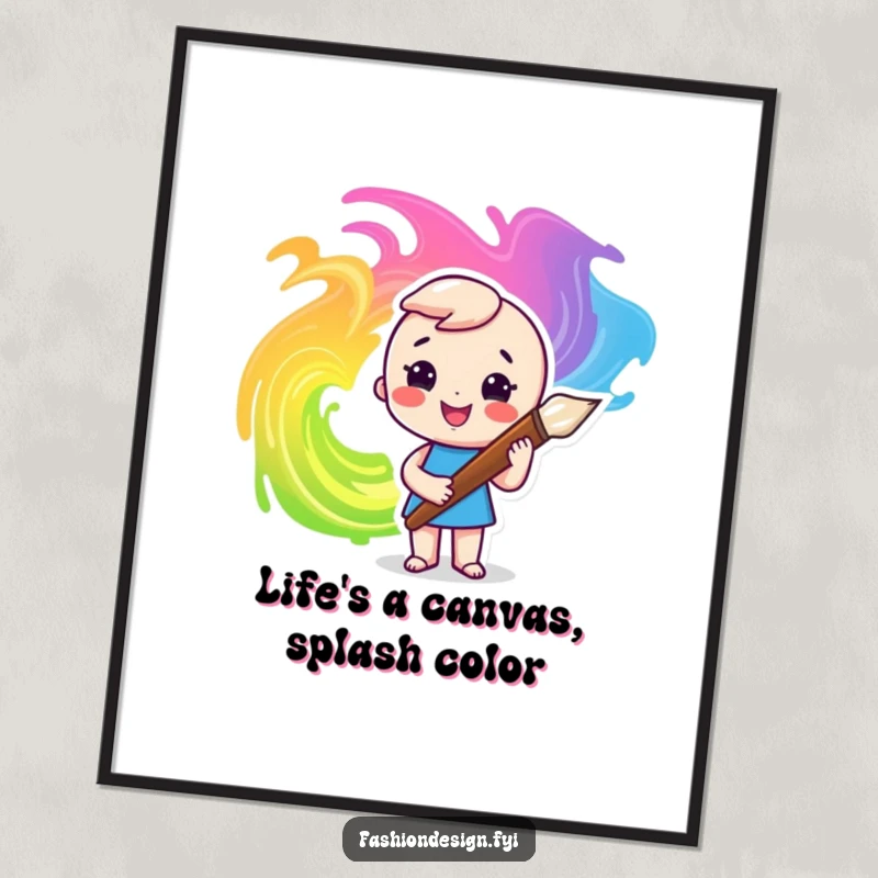 Funny Free Printable Wall Art: Character joyfully paints vibrant, abstract swirls with a massive paintbrush.