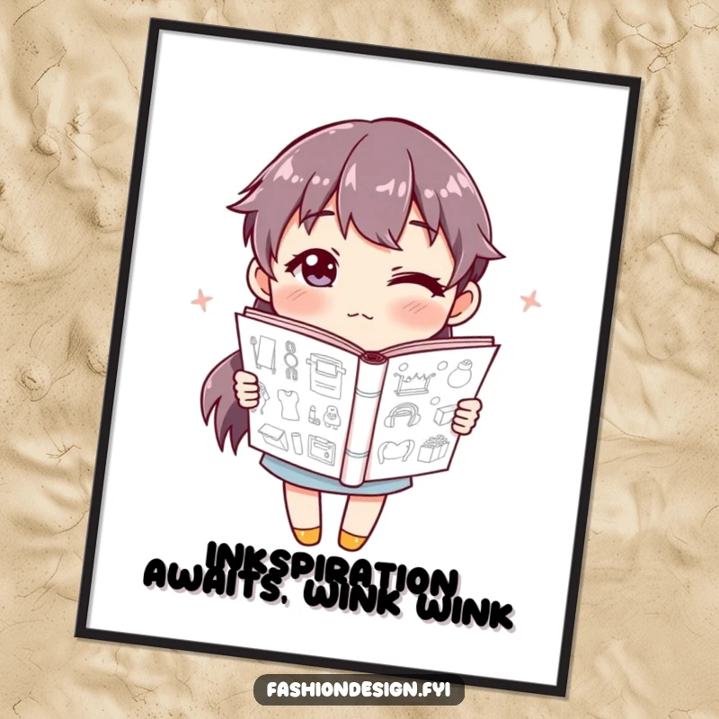 Funny Free Printable Wall Art featuring a winking character holding a sketchbook overflowing with imaginative designs.