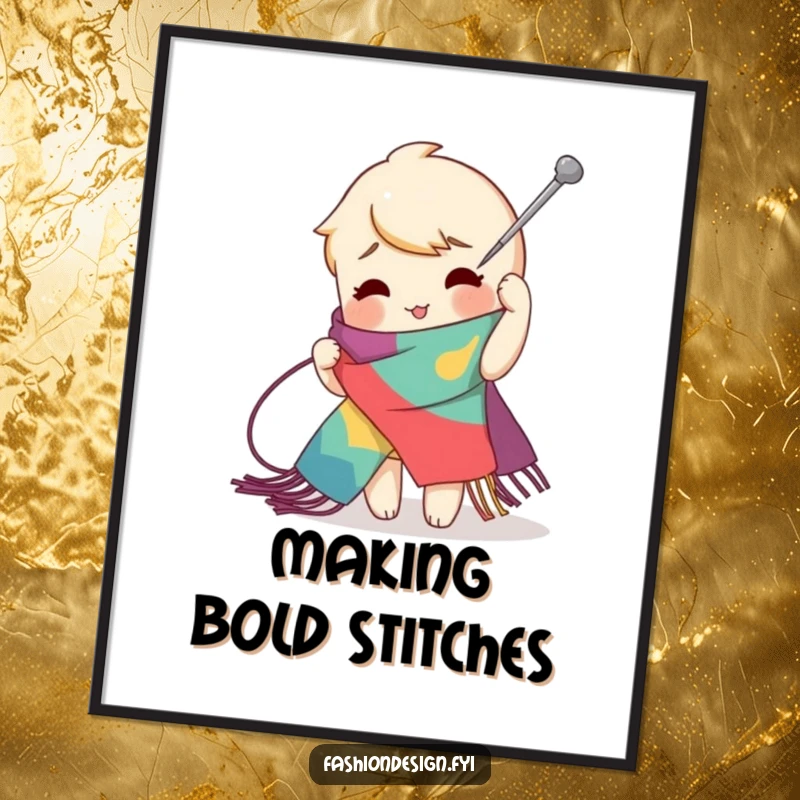Funny Free Printable Wall Art of a playful character creating an exaggerated zig-zag stitch on a vibrant scarf with a giant needle.