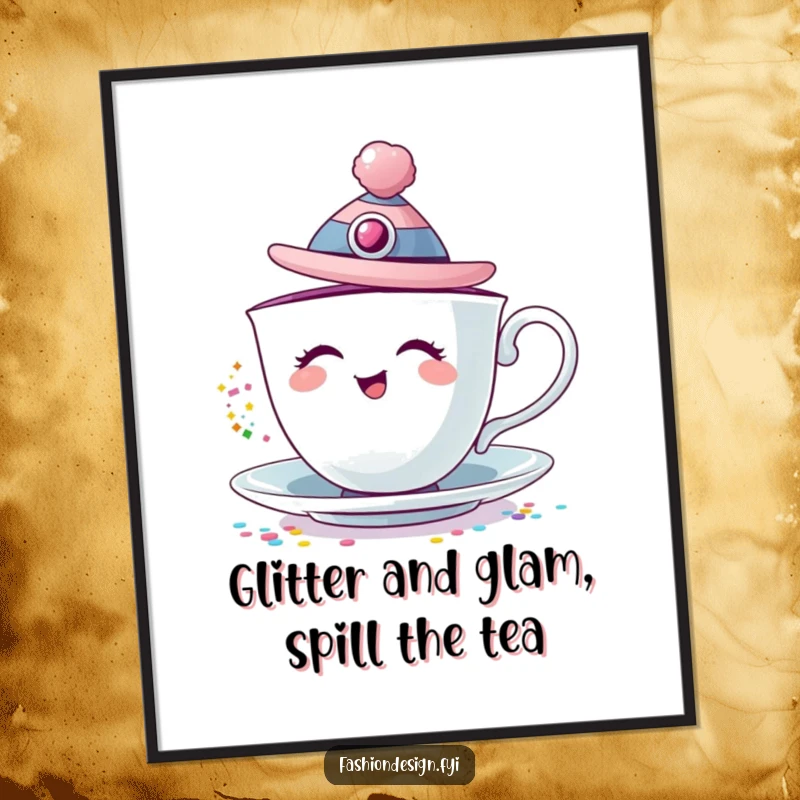 Funny Free Printable Wall Art: Giggling teacup in a fashionable hat, pouring out a cascade of colorful glitter.