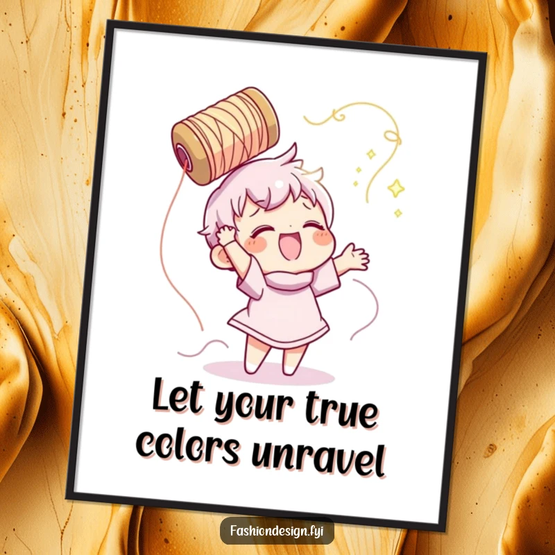 Funny Free Printable Wall Art: Character gleefully launches a spool of shimmering thread into the air with joy.