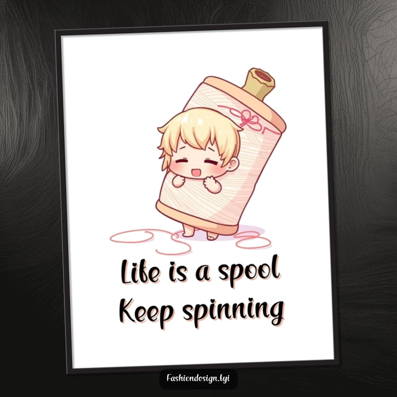 Funny Free Printable Wall Art: Whimsical character in a comical battle with a gigantic spool of thread, crafter's delight.