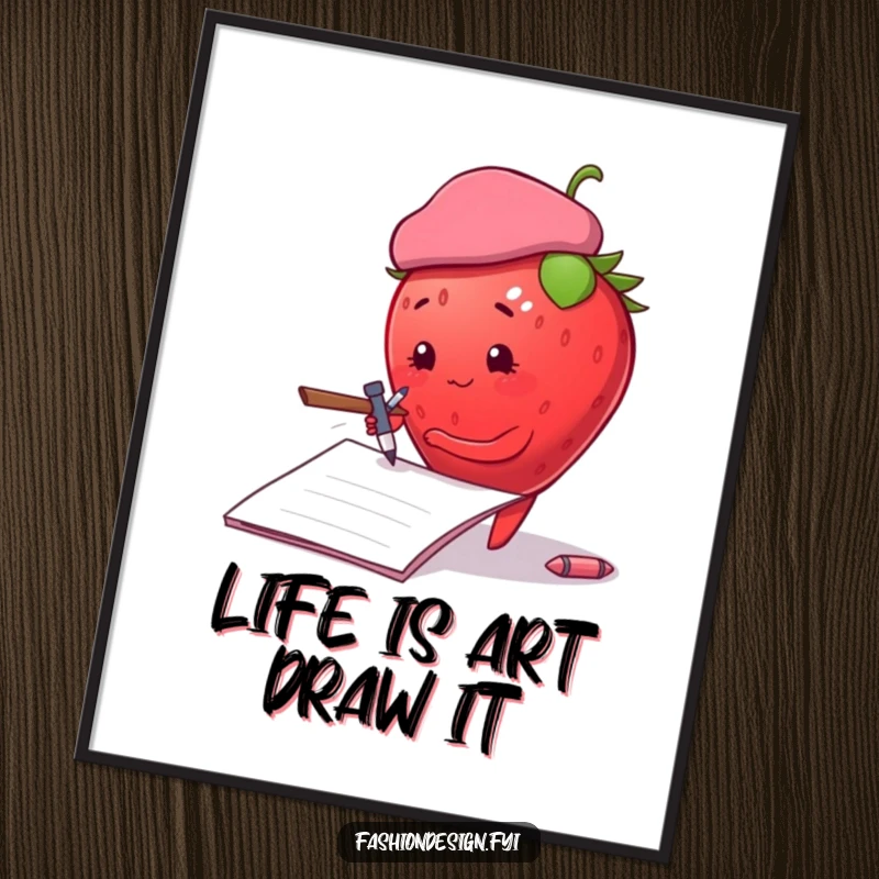 Funny Free Printable Wall Art: Plump strawberry wearing a beret dramatically sketches on a notepad.