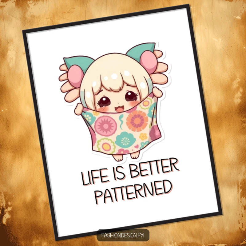 Funny Free Printable Wall Art of a character ecstatically holding a wildly patterned fabric, adding vibrant energy.