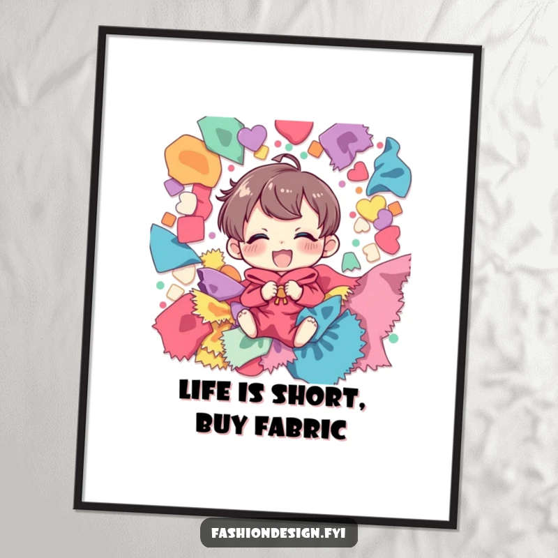 Funny Free Printable Wall Art: Giggling crafter delighting in a playful pile of colorful fabric scraps, perfect DIY home decor.