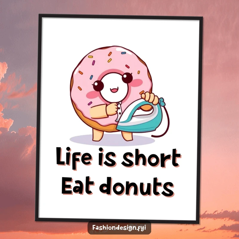 Funny Free Printable Wall Art: Mischievous donut with sprinkles tries to iron a shirt.