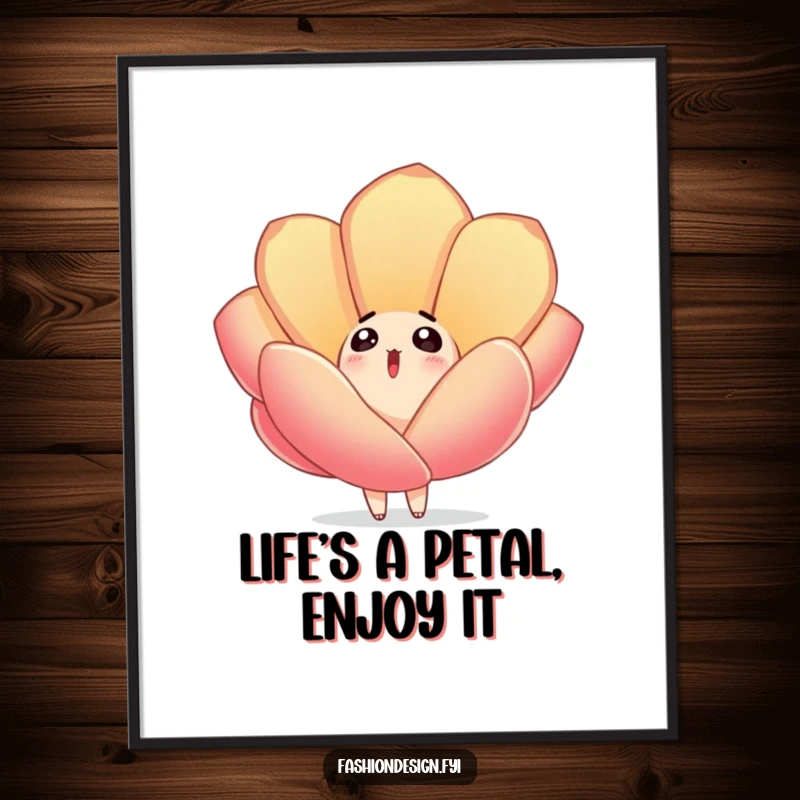 Funny Free Printable Wall Art: Surprised character looks up at a large embroidered fabric petal drifting down, humorous downloadable art.