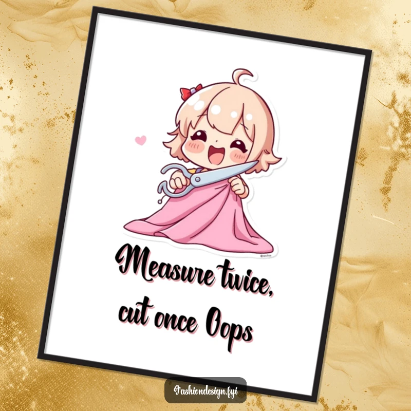 Funny Free Printable Wall Art: Playful character excitedly cutting a swath of fabric with oversized scissors, a humorous craft vibe.