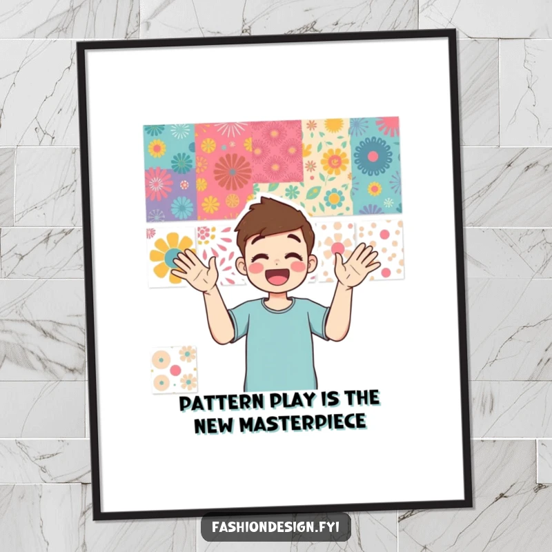 Funny Free Printable Wall Art: Person enthusiastically gesturing at a mood board of vibrant patterns, a lively decor piece.