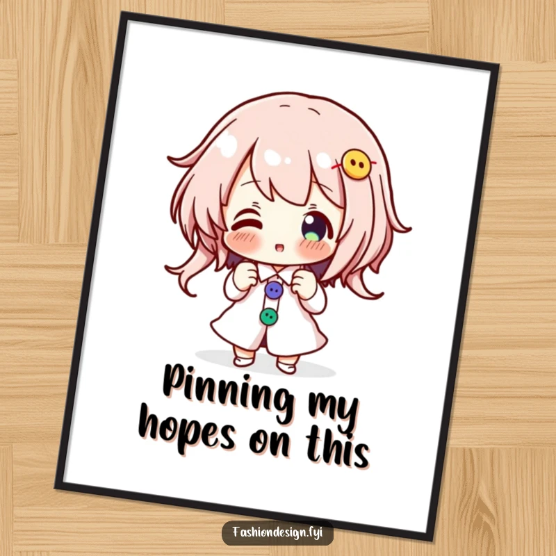 Funny Free Printable Wall Art: Enthusiastic character pinning colorful buttons, a vibrant and creative piece of downloadable art.