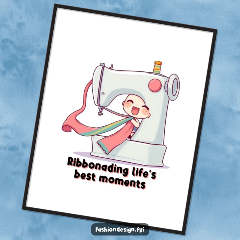 Funny Free Printable Wall Art of a character joyfully pulling a long, colorful silk ribbon from a giant sewing machine, a whimsical scene.