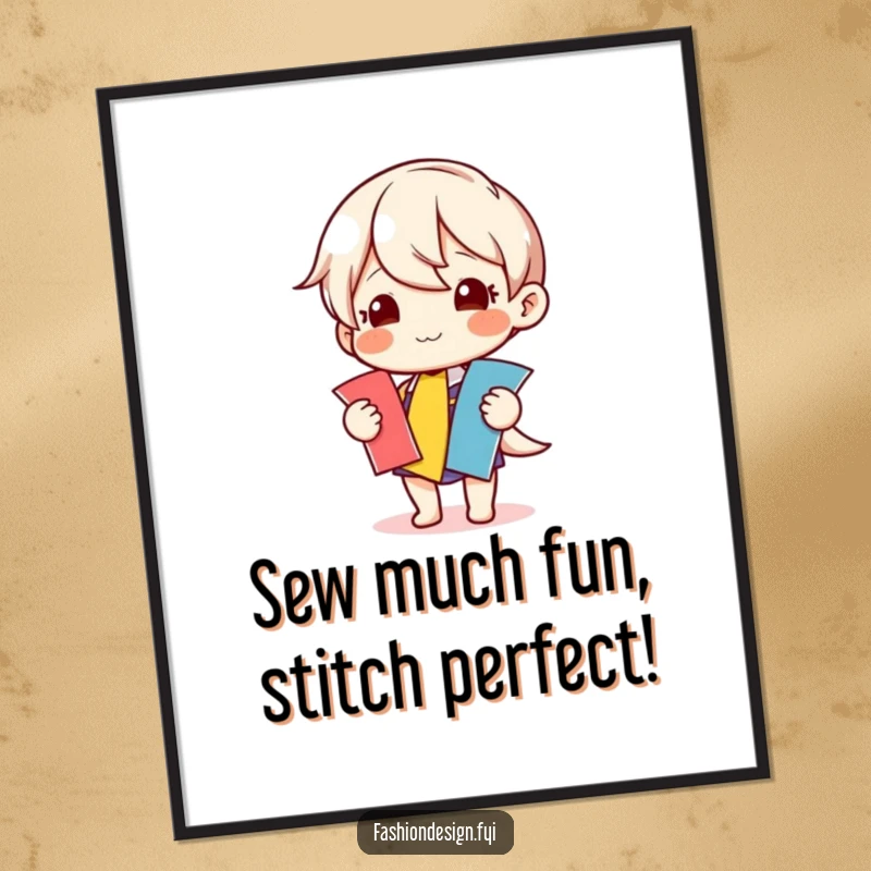 Funny Free Printable Wall Art featuring a happy character delightedly sorting through a rainbow of colorful fabric samples.