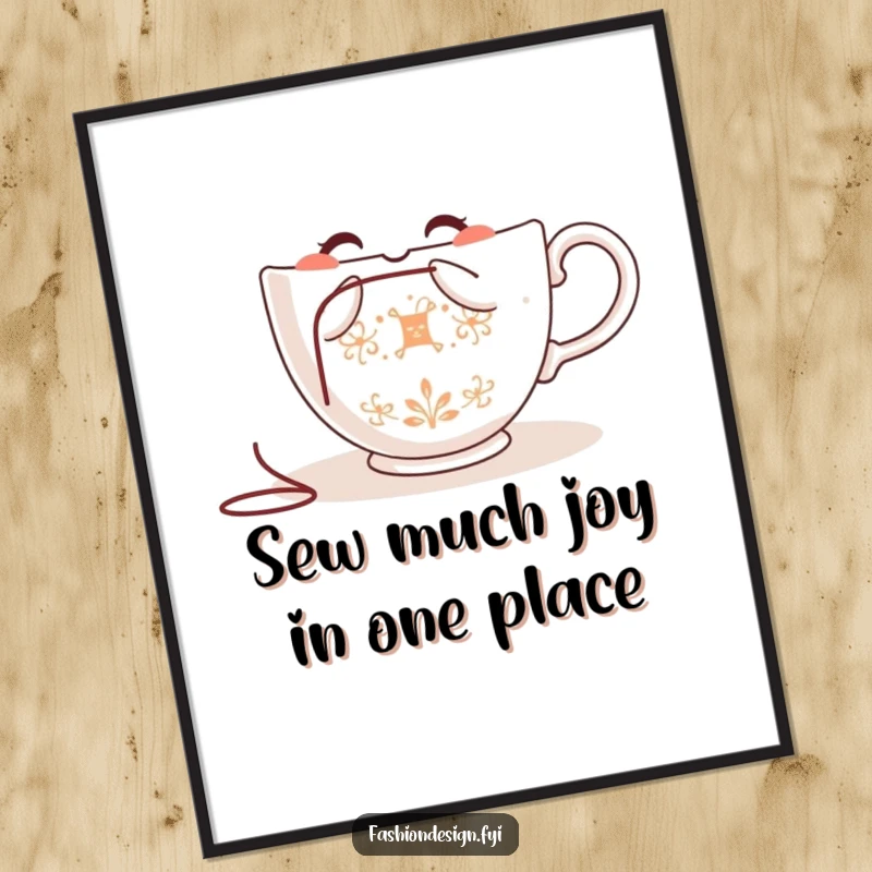 Funny Free Printable Wall Art: A happy teacup embroiders a beautiful pattern, bringing crafty charm to any room.